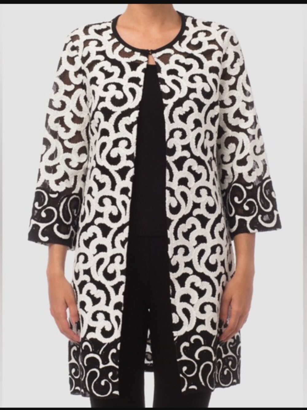 JOSEPH RIBKOFF black and white swirling lace cover up jacket